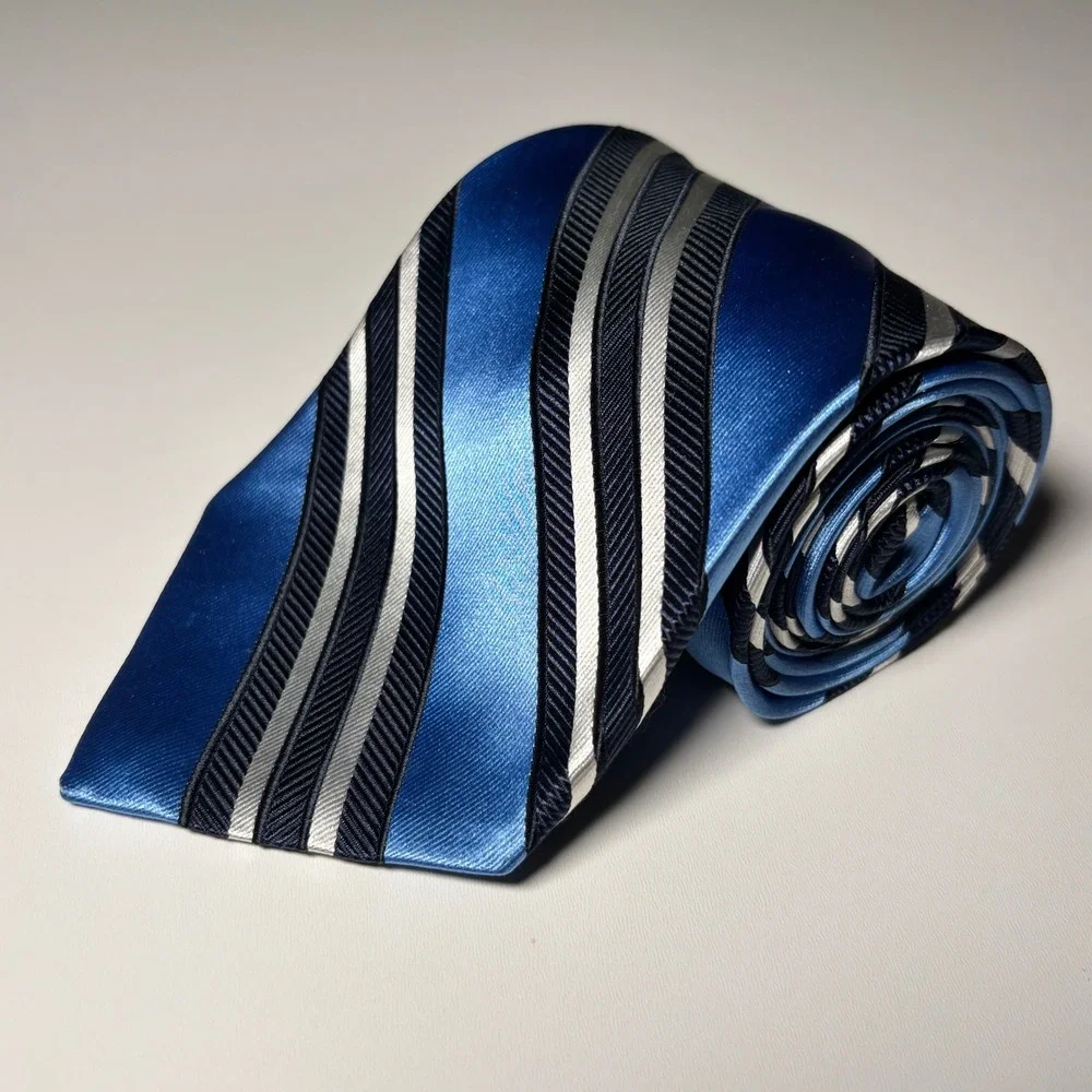 Paul Fredrick Stipped Repp Tie Blue Silver 100% Silk Hand Made Formal Necktie